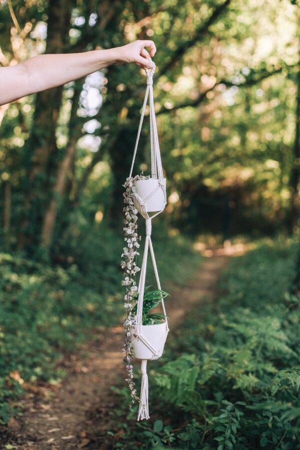 Double Suspension macramé Minimaliste pour Plantes pot max. 12,5cm