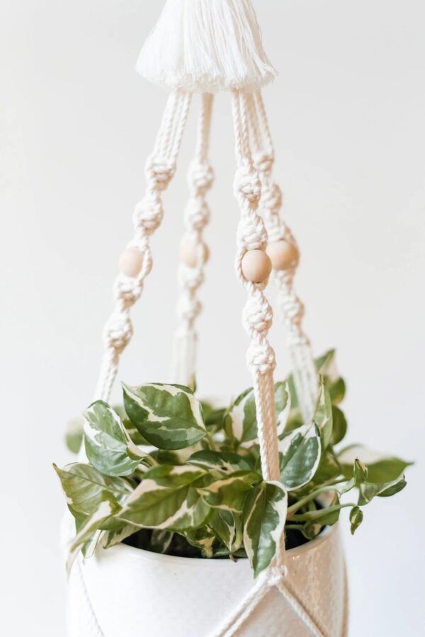 Suspension plante macramé avec perles en bois pot max. 15cm – Image 2